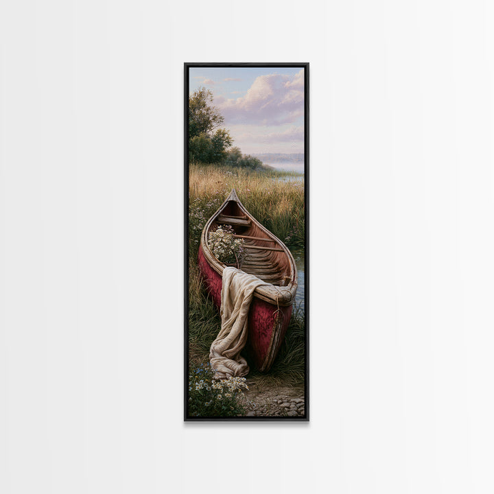 Old Canoe Pulled Onto a Lake Shore Canvas Print, Rustic Art, Oil Painting, Farmhouse Decor, Fine Art, Rustic, Modern Art, RUS-1x3-56