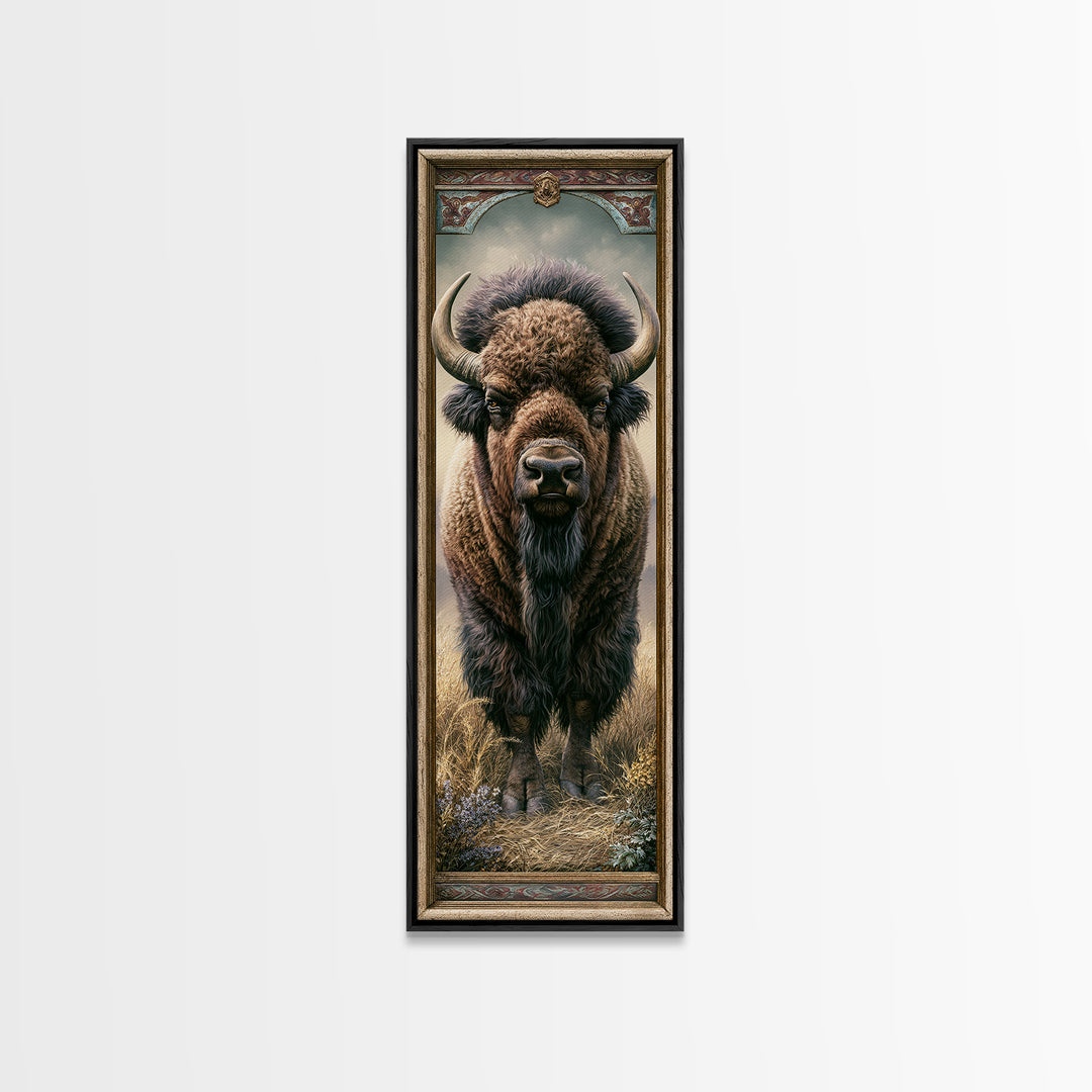 Buffalo Portrait with Western Texture Framed Canvas Print, Rustic Art, Gallery Wall Art, Farmhouse Decor, Fine Art, Rustic, RUS-1x3-58