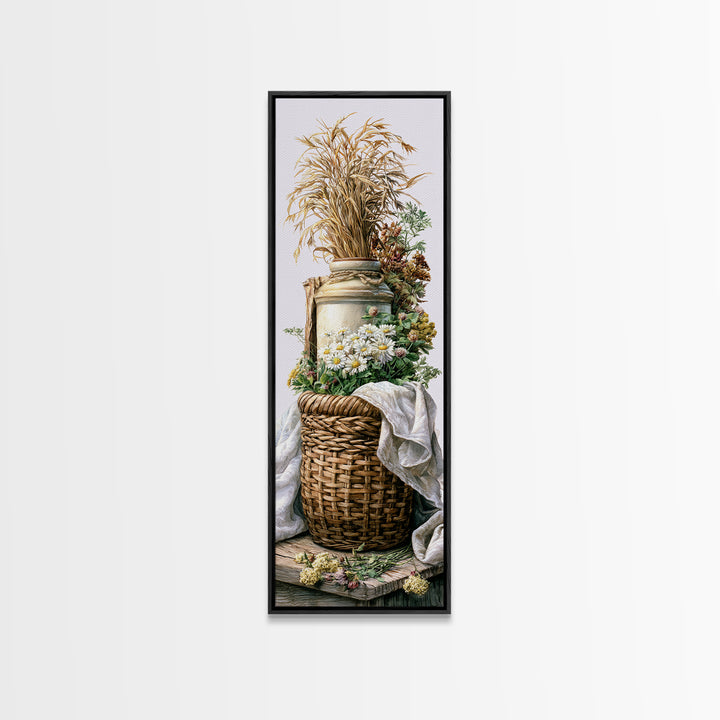 Handwoven Basket with Dried Grasses Canvas Print, Rustic Art, Painting, Farmhouse Decor, Abstract Art, Rustic, Boho Wall Art, RUS-1x3-60