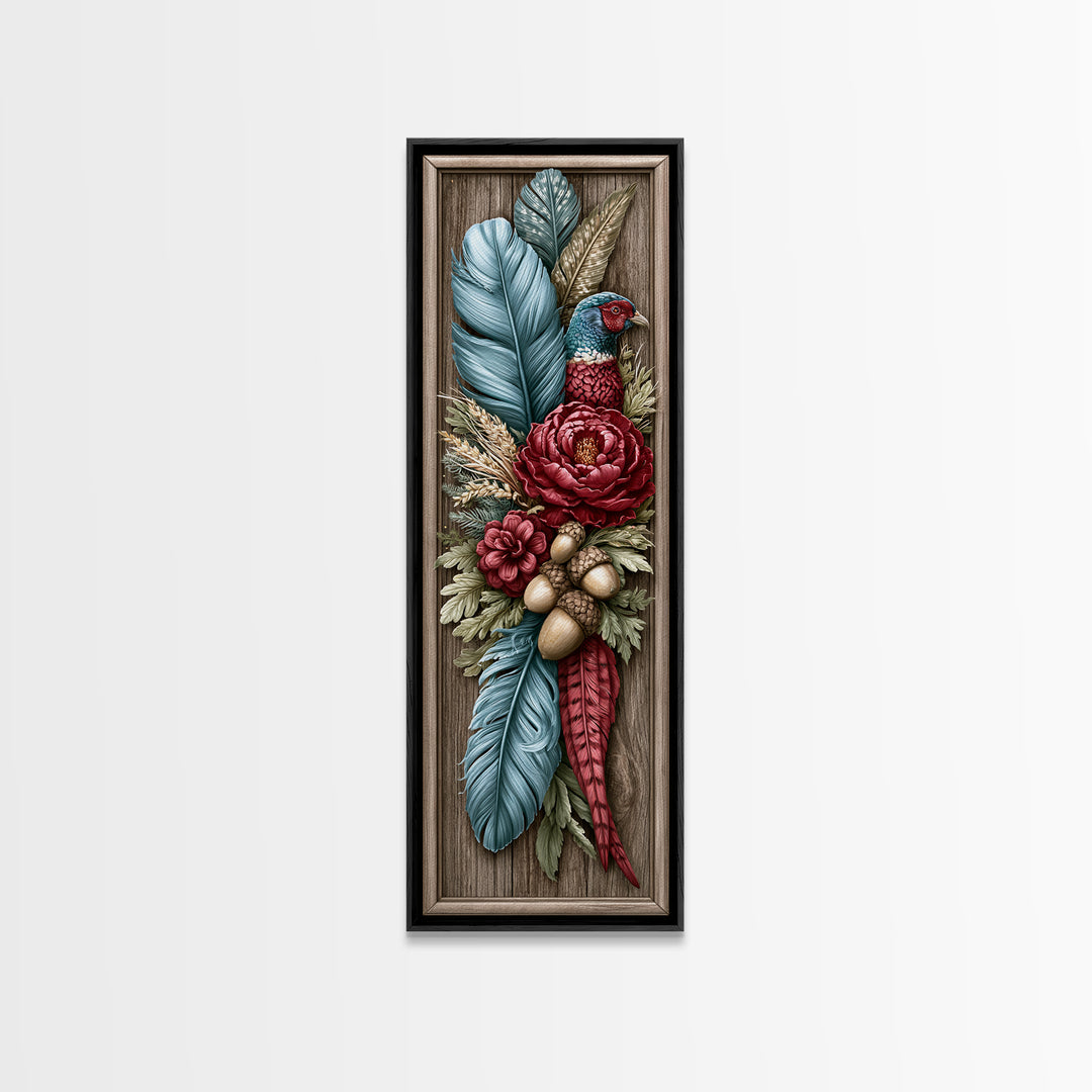 Pheasant Feathers and Acorns Arrangement Framed Canvas Print, Rustic Art, Farmhouse Decor, Oil Painting, Rustic, RUS-1x3-76