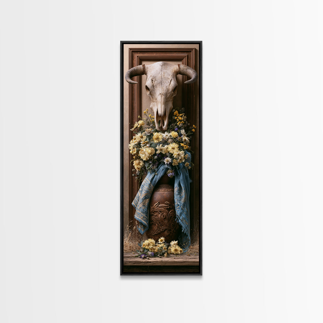 Cow Skull with Desert Flowers Canvas Print, Rustic Art, Luxury Decor, Farmhouse Decor, Fine Art, Rustic, Printable Wall Art, RUS-1x3-77