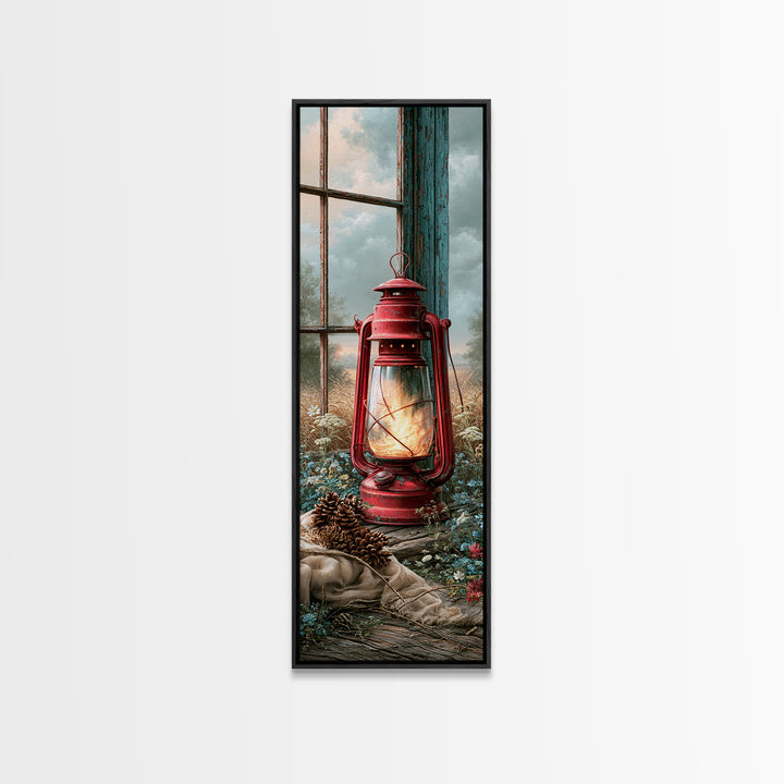 Rustic Lantern Glowing Beside Pinecones Canvas Print, Rustic Art, Boho Wall Art, Farmhouse Decor, Rustic, Downloadable Art, RUS-1x3-88