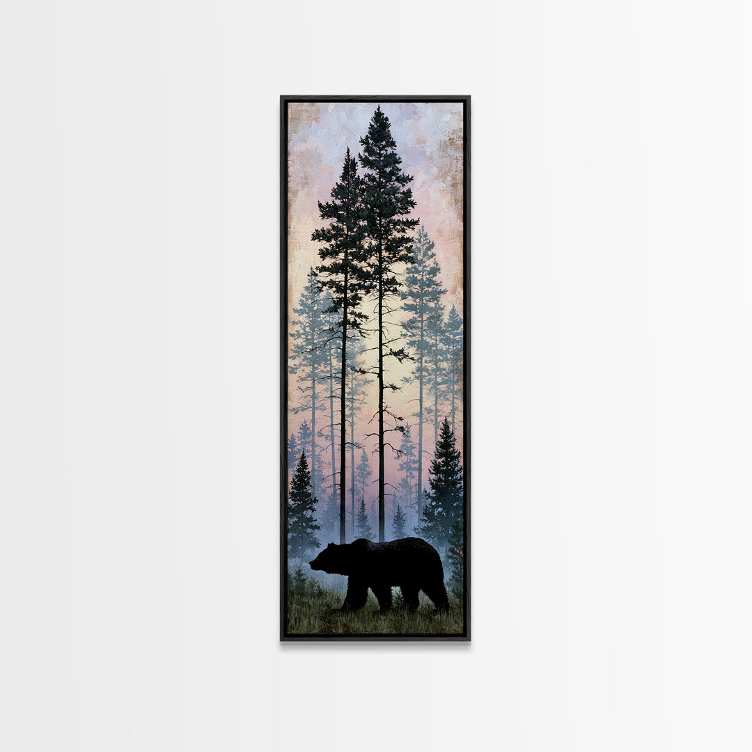 Bear Silhouette Among Pine Trees Framed Canvas Print, Rustic Art, Gallery Wall Art, Farmhouse Decor, Oil Painting, Rustic, RUS-1x3-91
