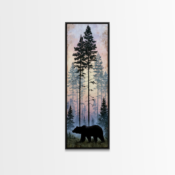 Bear Silhouette Among Pine Trees Framed Canvas Print, Rustic Art, Gallery Wall Art, Farmhouse Decor, Oil Painting, Rustic, RUS-1x3-91