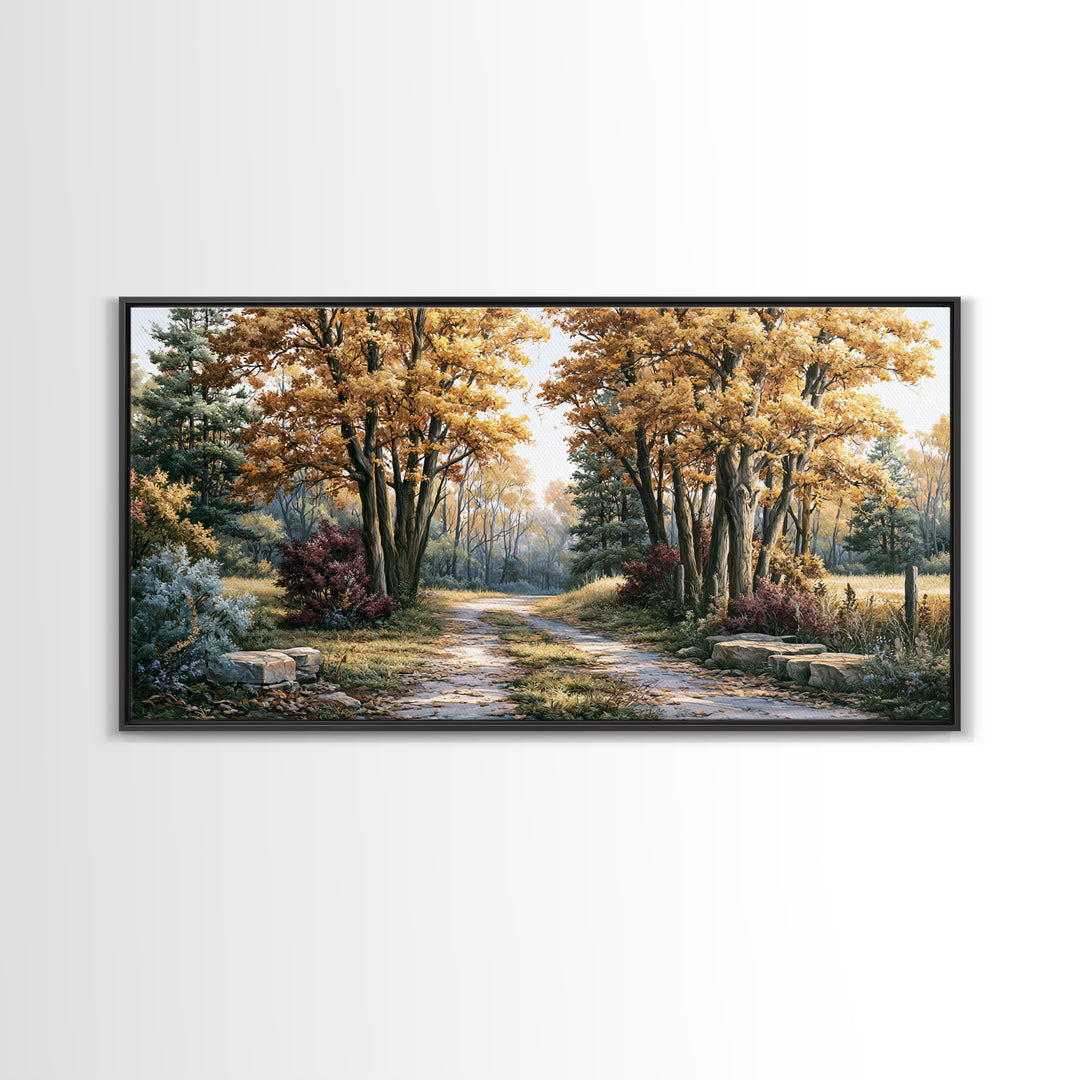 Forest Path with Golden Autumn Leaves Framed Canvas Print, Rustic Art, Modern Decor, Farmhouse Decor, Fine Art, Rustic, RUS-2x1-14