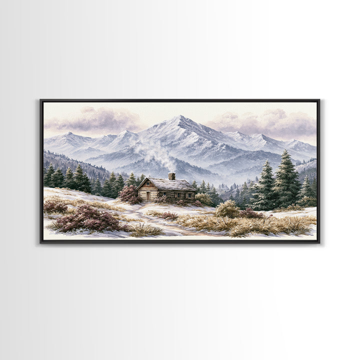 Winter Mountain Scene Framed Canvas Print, Rustic Art, Landscape Wall Art, Farmhouse Decor, Fine Art, Rustic, Luxury Decor, RUS-2x1-19