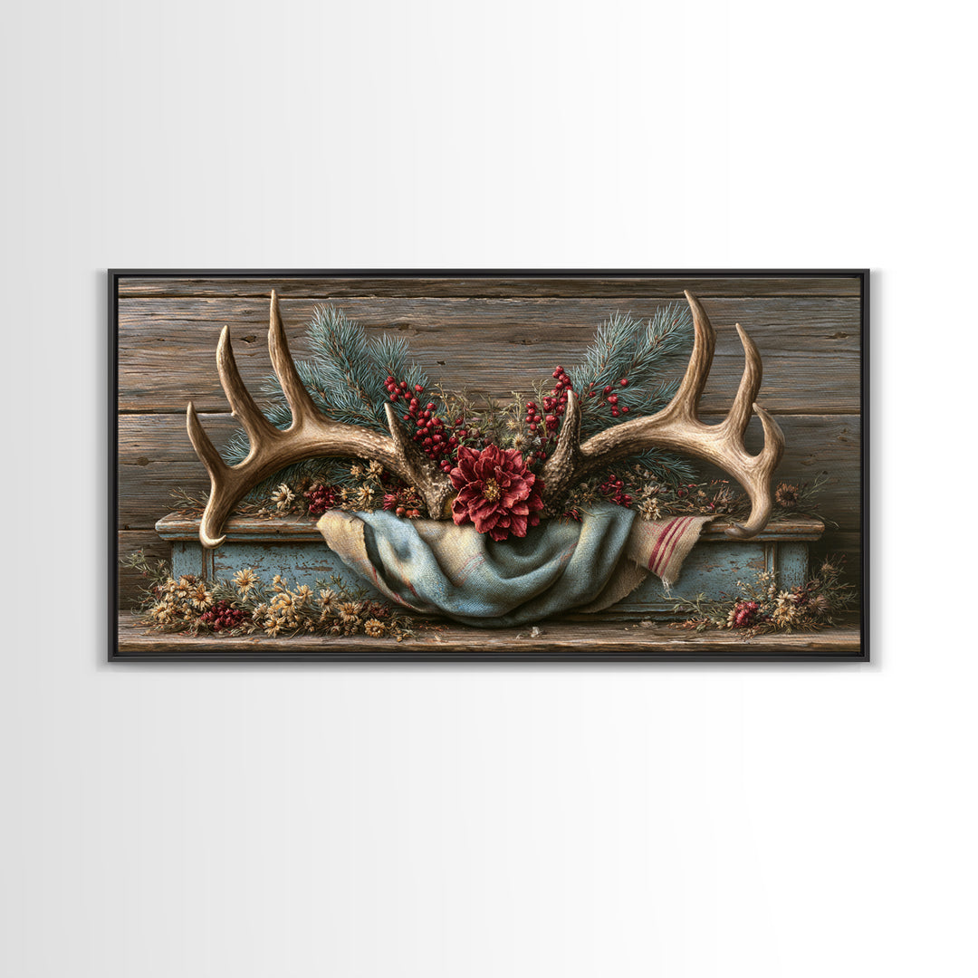 Deer Antlers with Pine Branches and Berries Canvas Print, Rustic Art, Statement Artwork, Farmhouse Decor, Fine Art, Rustic, RUS-2x1-22