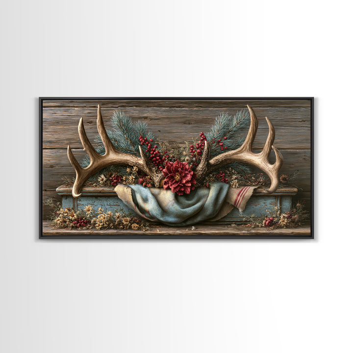 Deer Antlers with Pine Branches and Berries Canvas Print, Rustic Art, Statement Artwork, Farmhouse Decor, Fine Art, Rustic, RUS-2x1-22