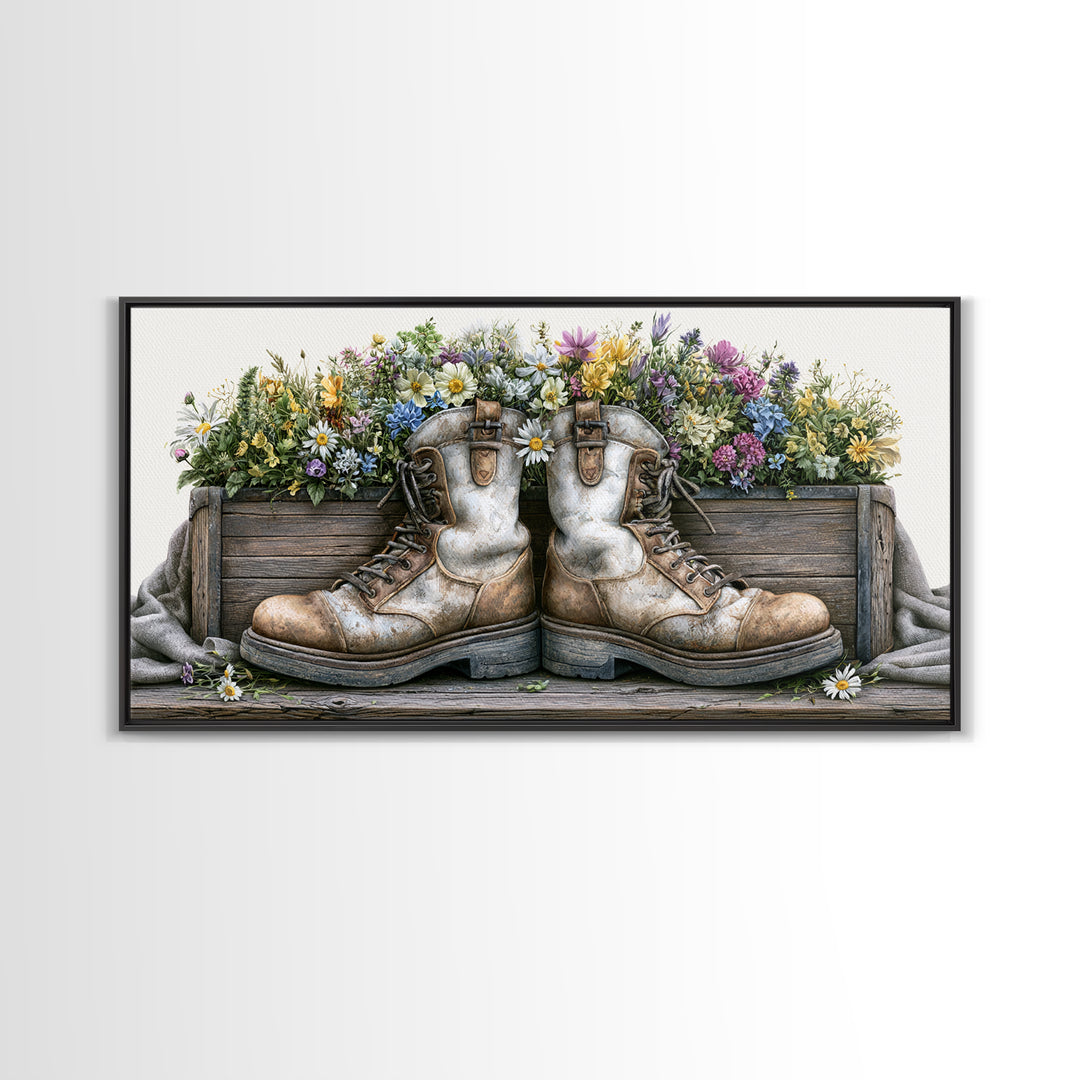 Old Boots Filled Canvas Print, Rustic Art, Boho Decor, Farmhouse Decor, Fine Art, Rustic, Art Print, Digital Art, RUS-2x1-26
