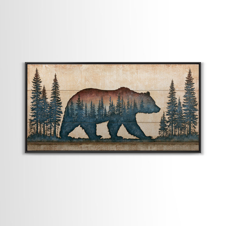 Bear Silhouette Among Pine Trees Framed Canvas Print, Rustic Art, Modern Decor, Farmhouse Decor, Oil Painting, Rustic, RUS-2x1-27