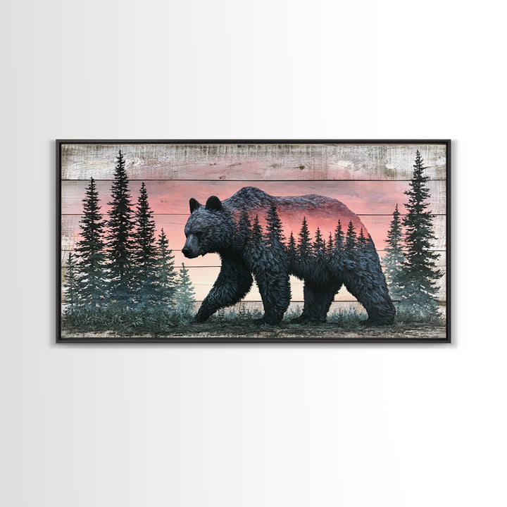 Bear Silhouette Among Pine Trees Framed Canvas Print, Rustic Art, Printable Art, Farmhouse Decor, Rustic, Farmhouse Wall Art, RUS-2x1-3