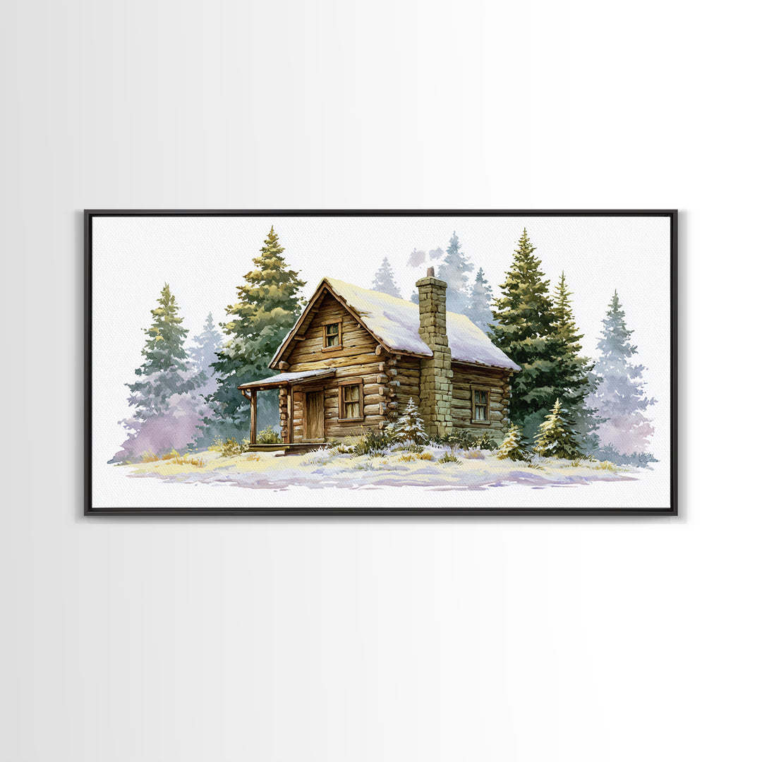 Log Cabin with Snowy Pines Framed Canvas Print, Rustic Art, Farmhouse Decor, Oil Painting, Rustic, Wood Wall Art, RUS-2x1-35