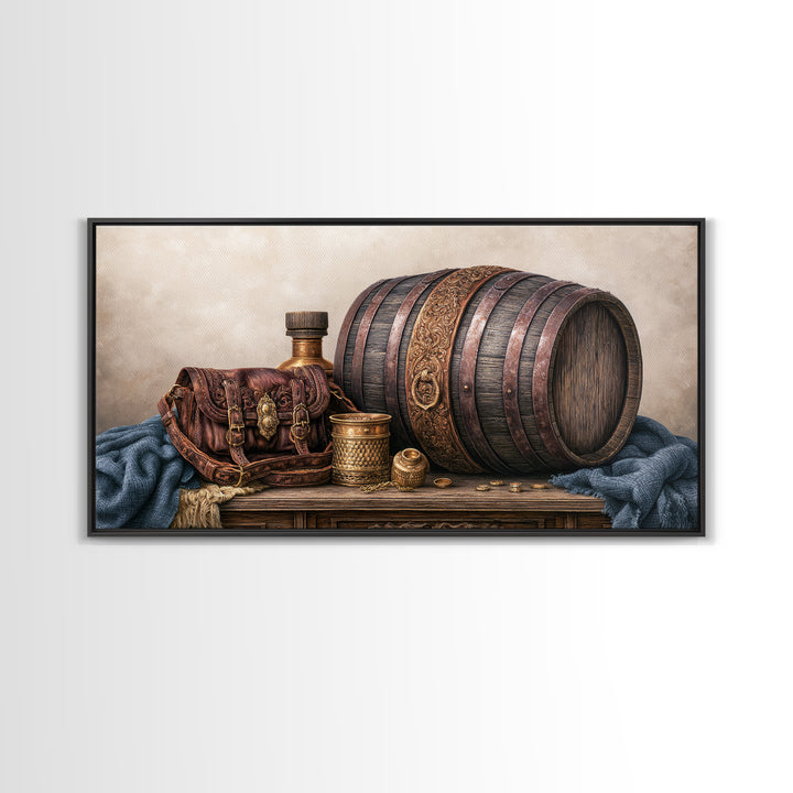 Whiskey Barrel and Leather Still Life Canvas Print, Rustic Art, Digital Prints, Farmhouse Decor, Oil Painting, Rustic, RUS-2x1-39