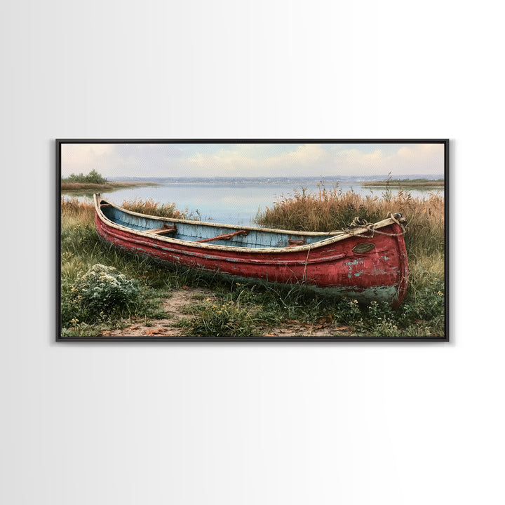 Old Canoe Pulled Onto a Lake Shore Framed Canvas Print, Rustic Art, Home Decor, Farmhouse Decor, Rustic, Living Room Decor, RUS-2x1-40