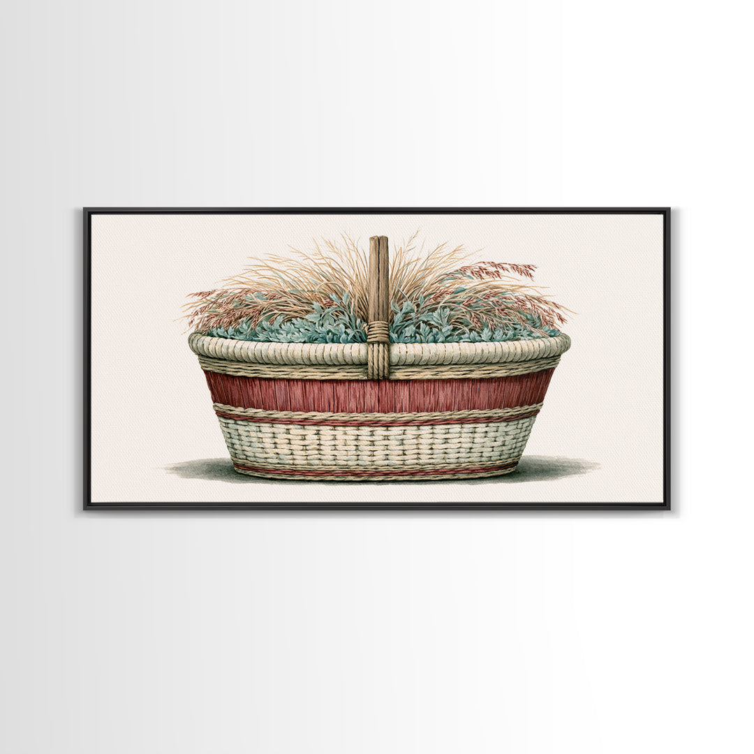Handwoven Basket with Dried Grasses Canvas Print, Rustic Art, Textured Painting, Farmhouse Decor, Abstract Art, Rustic, RUS-2x1-44