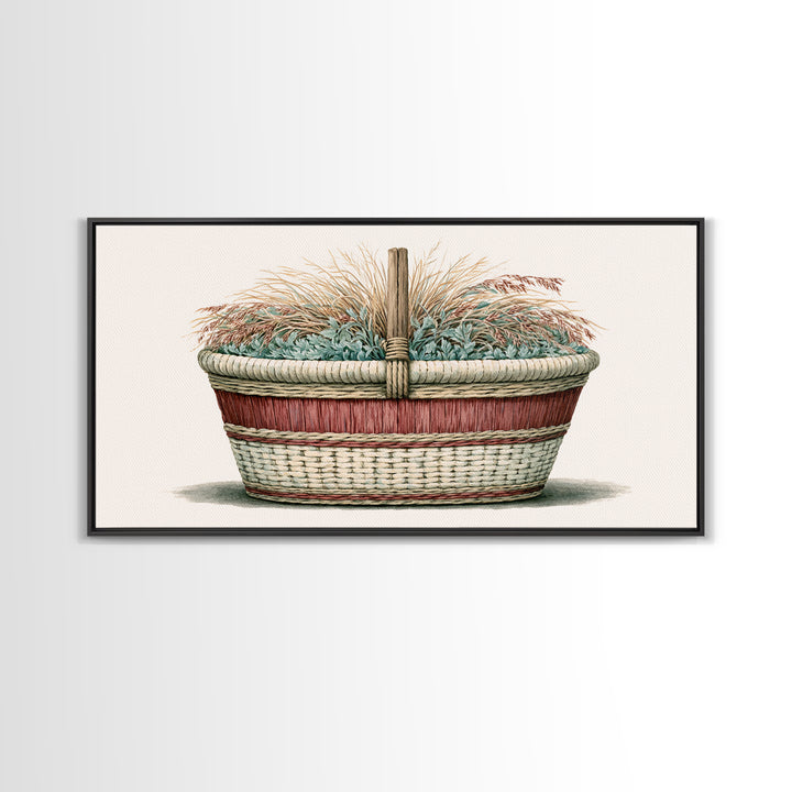 Handwoven Basket with Dried Grasses Canvas Print, Rustic Art, Textured Painting, Farmhouse Decor, Abstract Art, Rustic, RUS-2x1-44