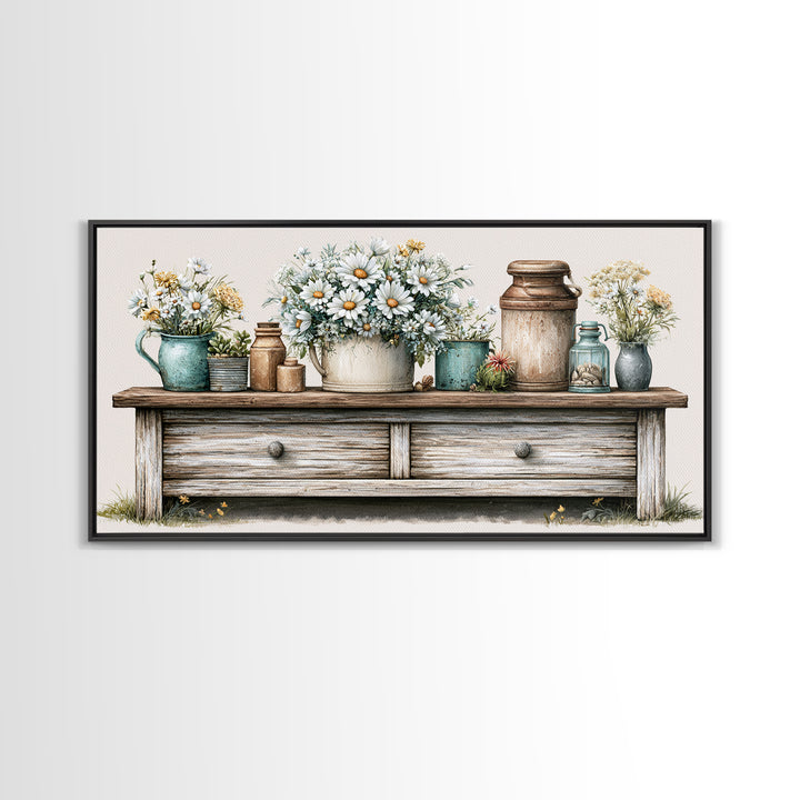 Weathered Barn Wood and Wildflower Still Life Framed Canvas Print, Rustic Art, Digital Art, Farmhouse Decor, Oil Painting, RUS-2x1-45