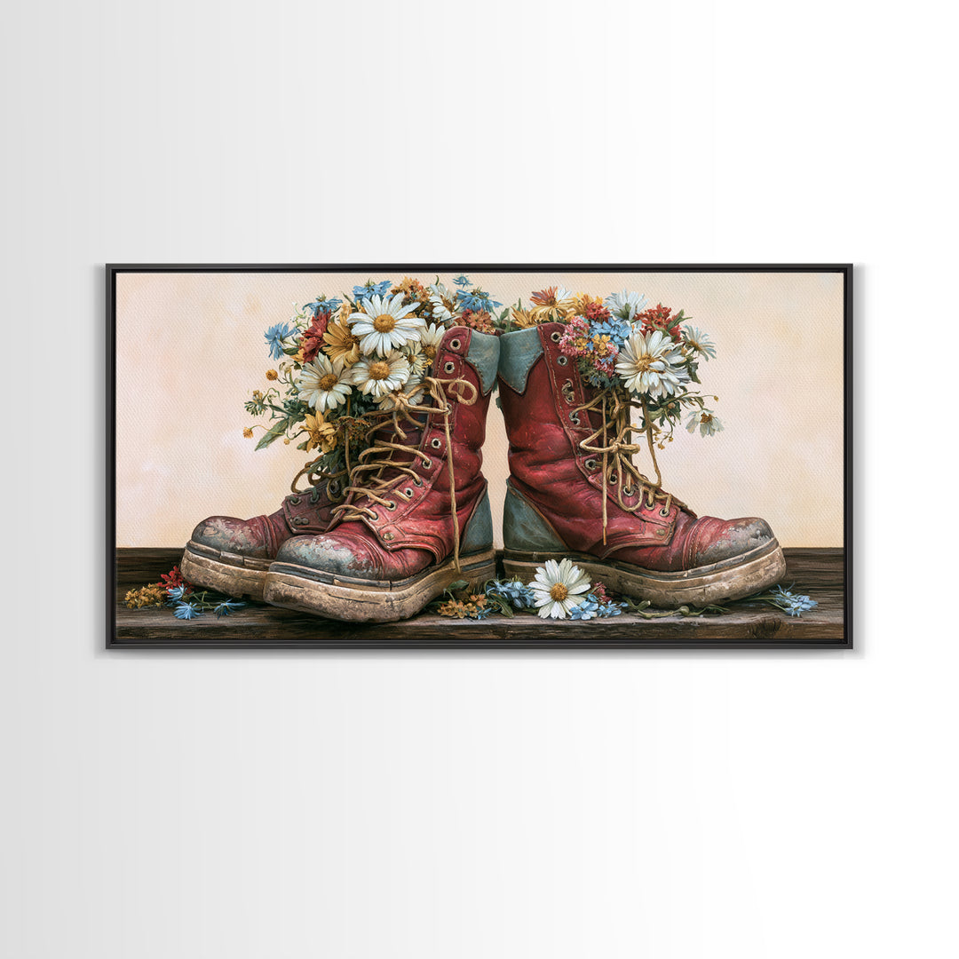 Old Boots Filled Framed Canvas Print, Rustic Art, Minimalist Decor, Farmhouse Decor, Oil Painting, Rustic, Printable Art, RUS-2x1-50