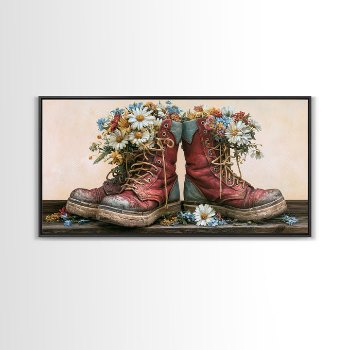 Old Boots Filled Framed Canvas Print, Rustic Art, Minimalist Decor, Farmhouse Decor, Oil Painting, Rustic, Printable Art, RUS-2x1-50