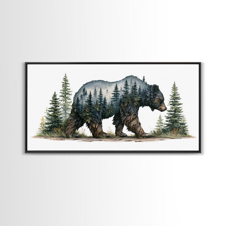 Bear Silhouette Among Pine Trees Framed Canvas Print, Rustic Art, Farmhouse Decor, Watercolor Art, Rustic, Gallery Wall Art, RUS-2x1-51