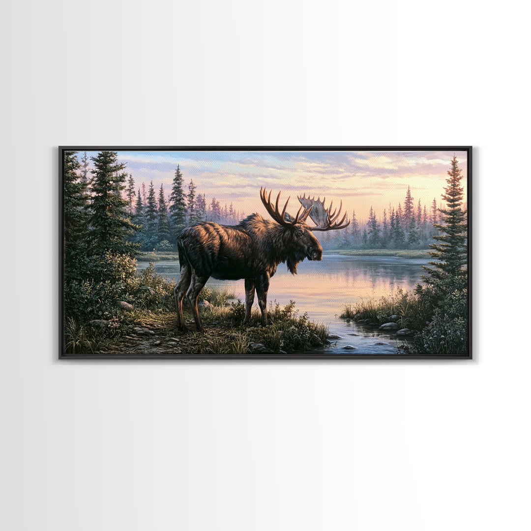 Moose Standing by a Quiet Lake Canvas Print, Rustic Art, Oil Painting, Farmhouse Decor, Fine Art, Rustic, Modern Art, RUS-2x1-53