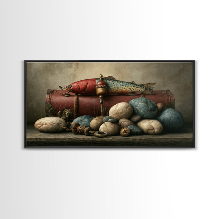 Trout Fishing Lure and River Stones Canvas Print, Rustic Art, Wall Art, Farmhouse Decor, Fine Art, Rustic, Living Room Decor, RUS-2x1-58