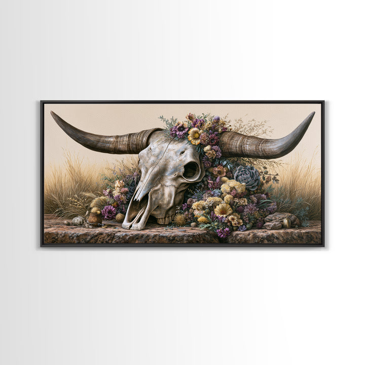 Cow Skull with Desert Flowers Canvas Print, Rustic Art, Digital Prints, Farmhouse Decor, Fine Art, Rustic, 3d Wall Art, RUS-2x1-61