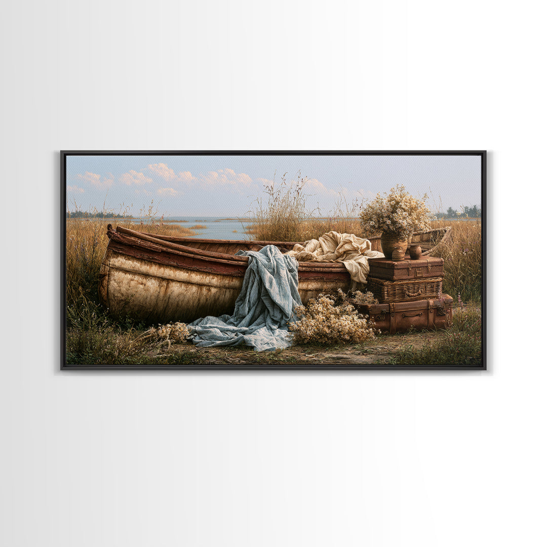 Old Canoe Pulled Onto a Lake Shore Canvas Print, Rustic Art, Printable Wall Art, Farmhouse Decor, Oil Painting, Rustic, RUS-2x1-64