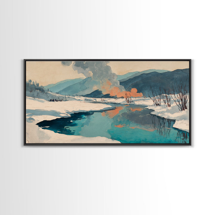 Winter Mountain Scene Framed Canvas Print, Rustic Art, Downloadable Art, Farmhouse Decor, Fine Art, Rustic, Textured Painting, RUS-2x1-67