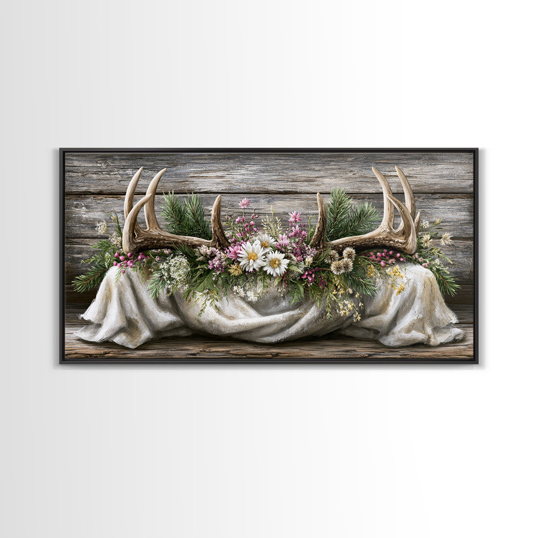 Deer Antlers with Pine Branches and Berries Canvas Print, Rustic Art, Painting, Farmhouse Decor, Oil Painting, Rustic, RUS-2x1-70