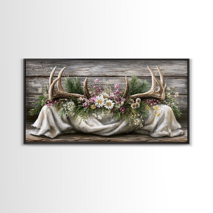 Deer Antlers with Pine Branches and Berries Canvas Print, Rustic Art, Painting, Farmhouse Decor, Oil Painting, Rustic, RUS-2x1-70