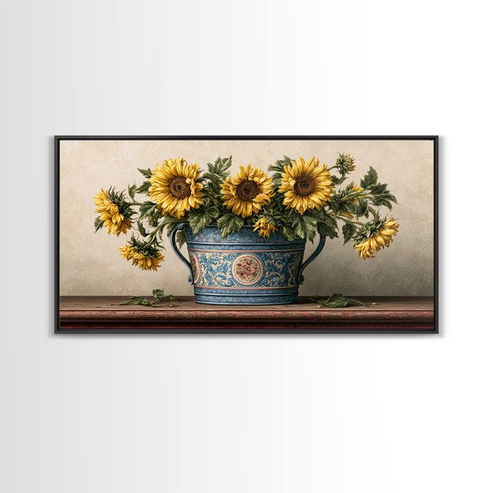 Sunflowers in a Metal Bucket Framed Canvas Print, Rustic Art, 3d Wall Art, Farmhouse Decor, Oil Painting, Rustic, RUS-2x1-80