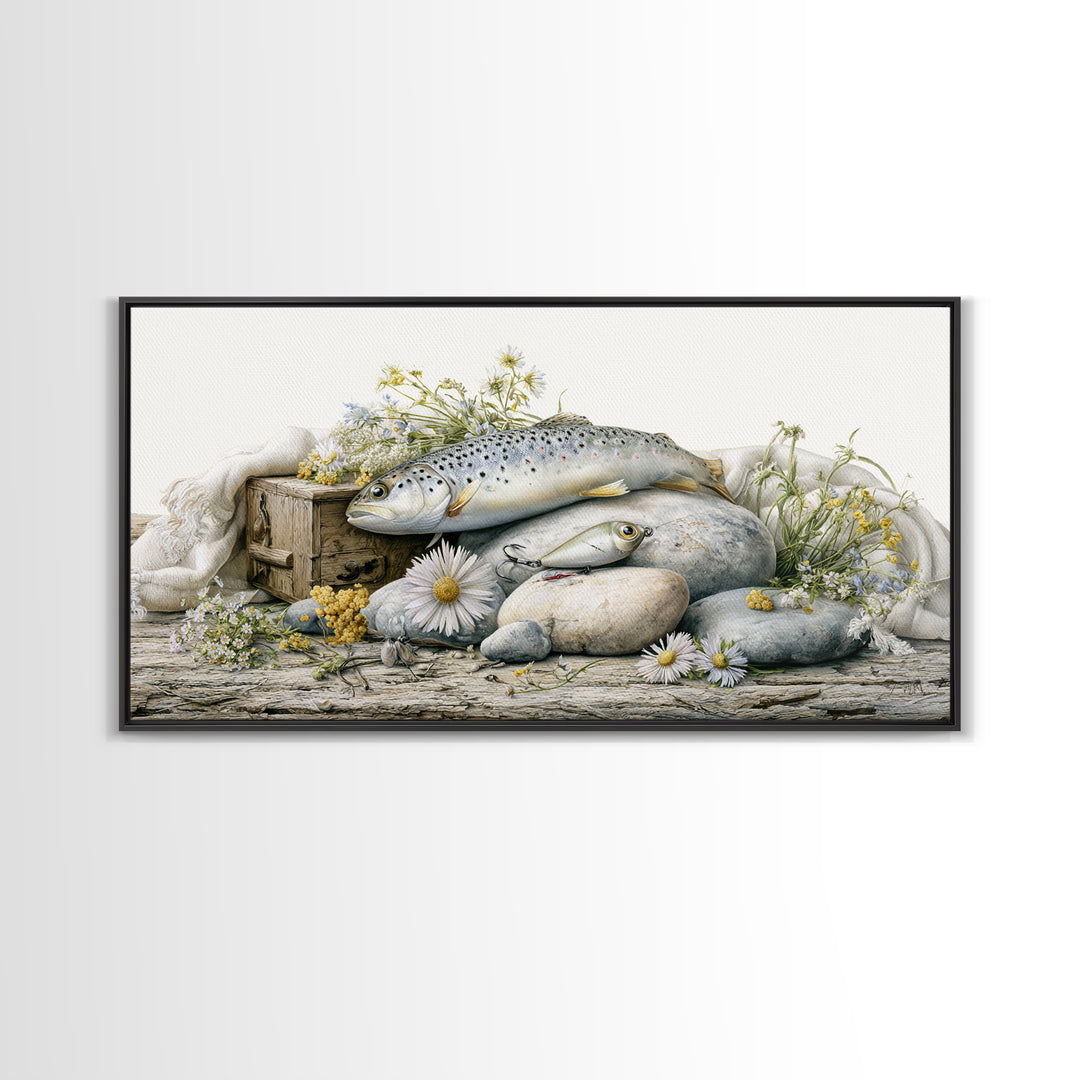 Trout Fishing Lure and River Stones Canvas Print, Rustic Art, Wall Art, Farmhouse Decor, Fine Art, Rustic, Living Room Decor, RUS-2x1-82