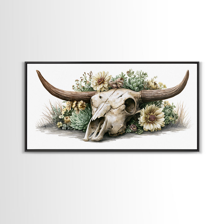 Cow Skull with Desert Flowers Framed Canvas Print, Rustic Art, Wood Wall Art, Farmhouse Decor, Rustic, Eclectic Wall Art, RUS-2x1-85