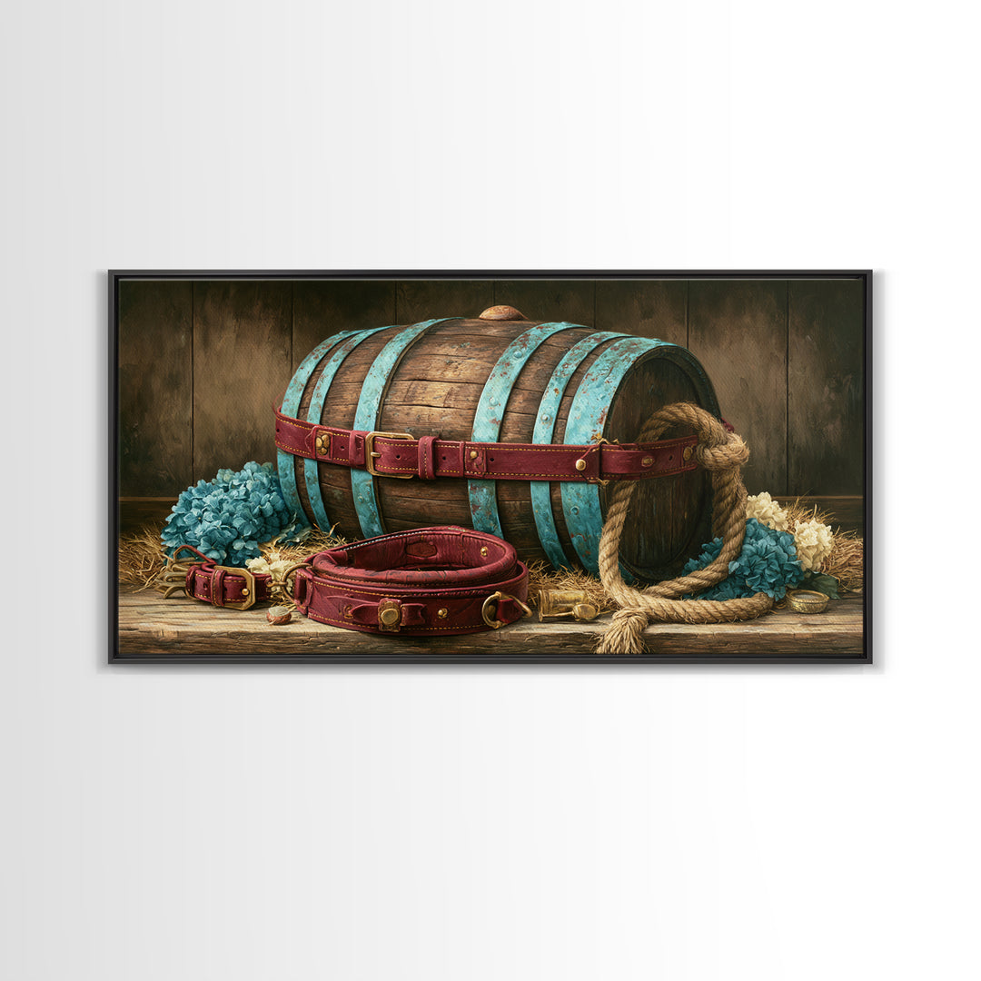 Whiskey Barrel and Leather Still Life Framed Canvas Print, Rustic Art, Landscape Painting, Farmhouse Decor, Fine Art, Rustic, RUS-2x1-87