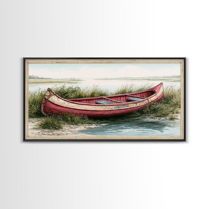 Old Canoe Pulled Onto a Lake Shore Framed Canvas Print, Rustic Art, Farmhouse Decor, Fine Art, Rustic, Gallery Wall Art, RUS-2x1-88
