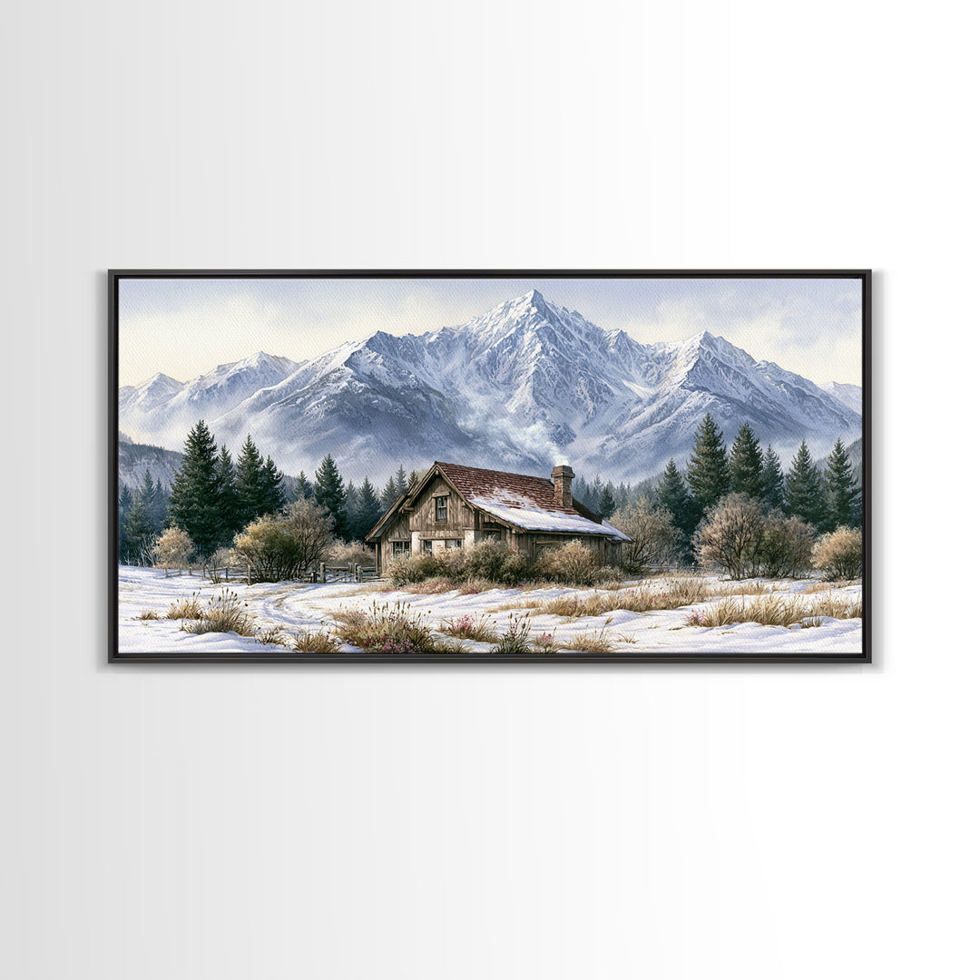 Winter Mountain Scene Framed Canvas Print, Rustic Art, Printable Wall Art, Farmhouse Decor, Watercolor Art, Rustic, Wood Art, RUS-2x1-91