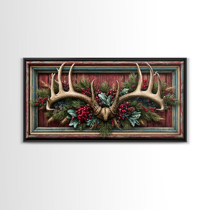 Deer Antlers with Pine Branches and Berries Canvas Print, Rustic Art, Painting, Farmhouse Decor, Oil Painting, Rustic, RUS-2x1-94