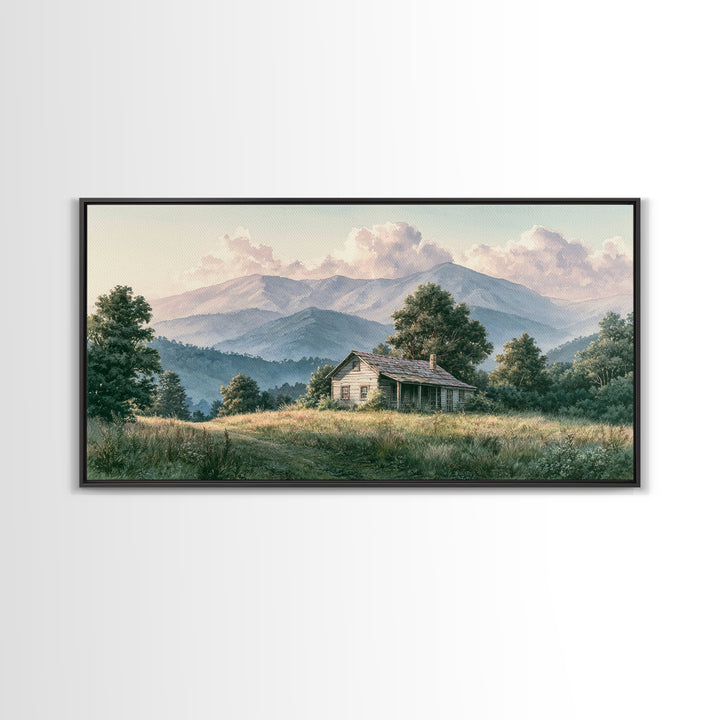 Mountain Cabin Landscape Framed Canvas Print, Rustic Art, Living Room Art, Farmhouse Decor, Oil Painting, Rustic, RUS-2x1-95
