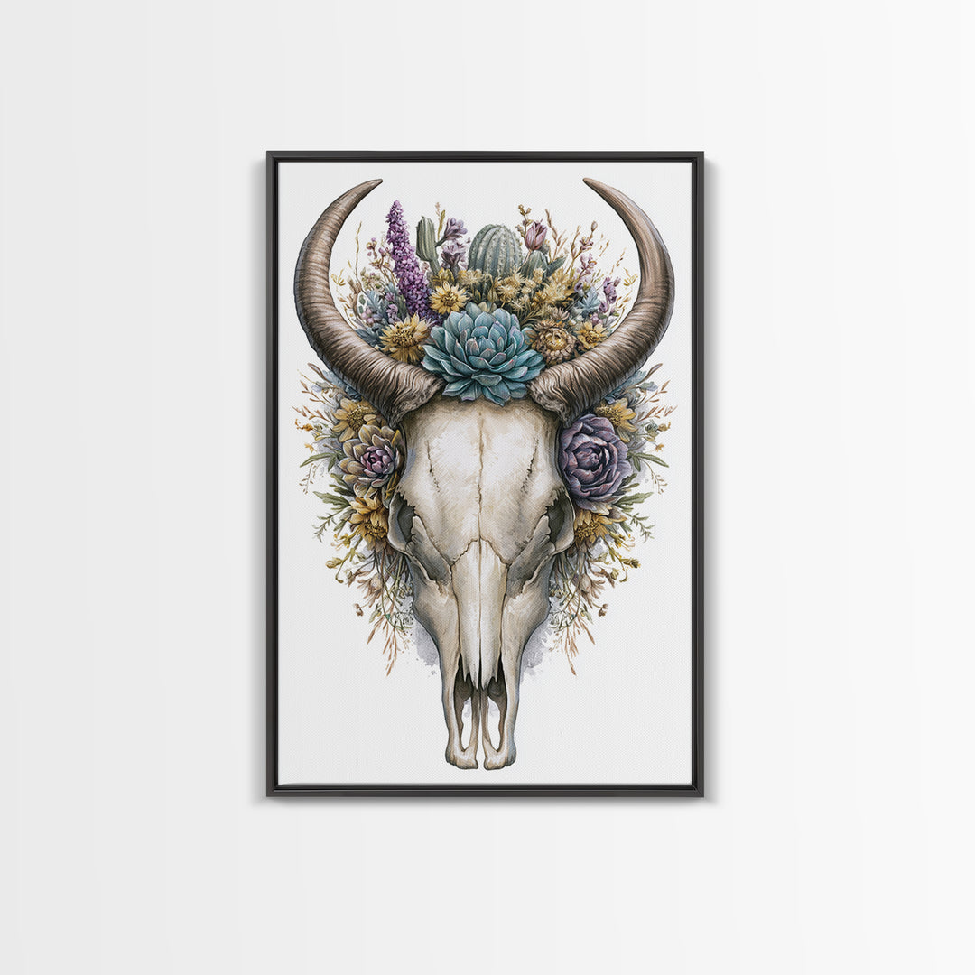 Cow Skull with Desert Flowers Framed Canvas Print, Rustic Art, Wall Art, Farmhouse Decor, Oil Painting, Rustic, RUS-2x3-1