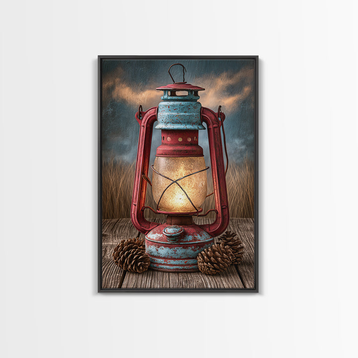 Rustic Lantern Glowing Beside Pinecones Framed Canvas Print, Rustic Art, Minimalist Decor, Farmhouse Decor, Oil Painting, RUS-2x3-12
