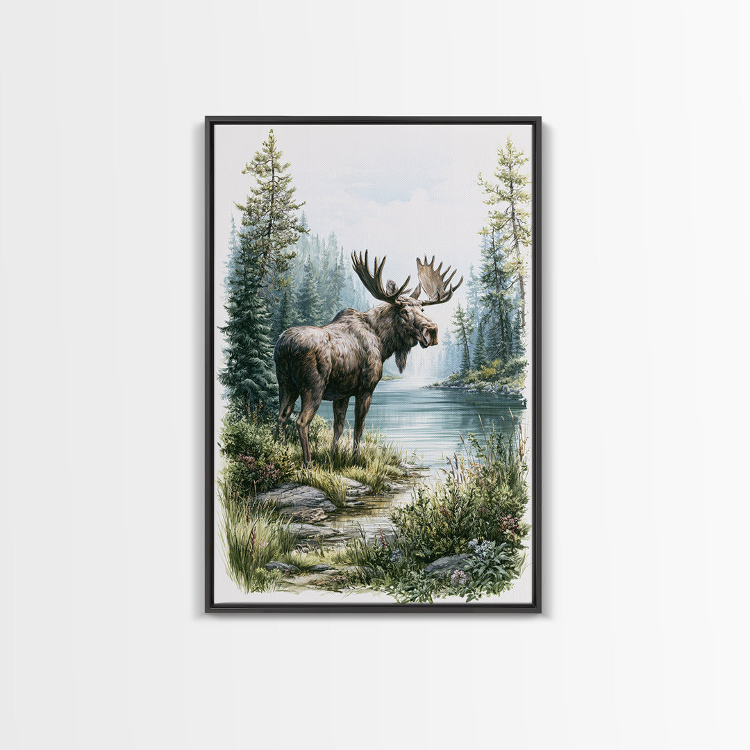 Moose Standing by a Quiet Lake Framed Canvas Print, Rustic Art, Digital Prints, Farmhouse Decor, Fine Art, Rustic, 3d Wall Art, RUS-2x3-17