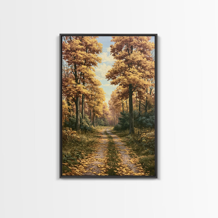 Forest Path with Golden Autumn Leaves Framed Canvas Print, Rustic Art, Statement Artwork, Farmhouse Decor, Fine Art, Rustic, RUS-2x3-2