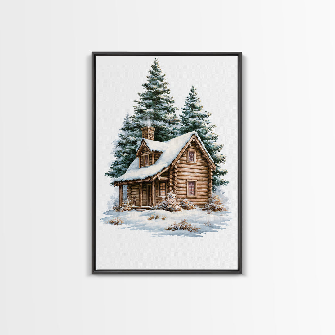 Log Cabin with Snowy Pines Canvas Print, Rustic Art, Luxury Decor, Farmhouse Decor, Fine Art, Rustic, Printable Wall Art, RUS-2x3-23