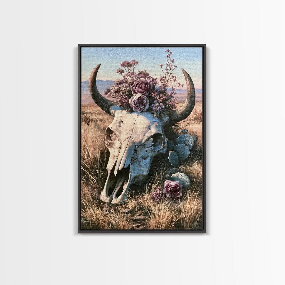 Cow Skull with Desert Flowers Framed Canvas Print, Rustic Art, Wall Art, Farmhouse Decor, Oil Painting, Rustic, RUS-2x3-25