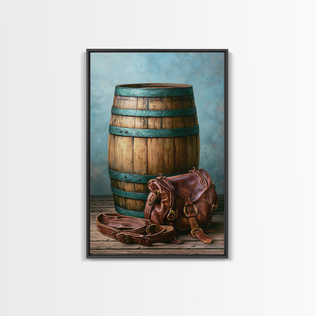 Whiskey Barrel and Leather Still Life Framed Canvas Print, Rustic Art, Downloadable Art, Farmhouse Decor, Fine Art, Rustic, RUS-2x3-3