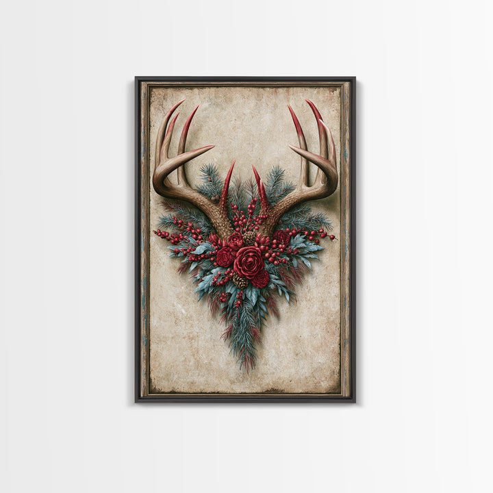 Deer Antlers with Pine Branches and Berries Framed Canvas Print, Rustic Art, Farmhouse Decor, Watercolor Art, Rustic, RUS-2x3-34