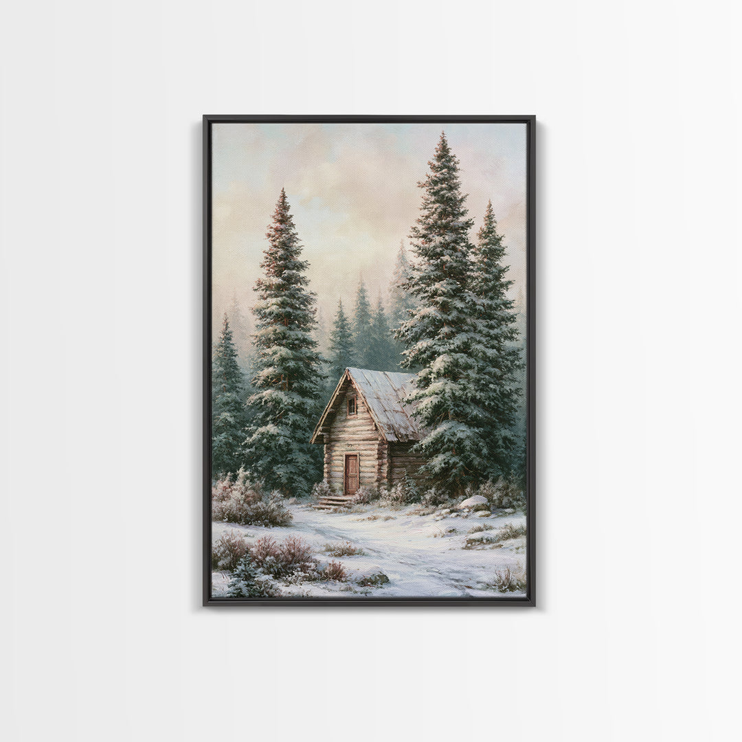 Log Cabin with Snowy Pines Framed Canvas Print, Rustic Art, Wall Art, Farmhouse Decor, Abstract Art, Rustic, Living Room Decor, RUS-2x3-47
