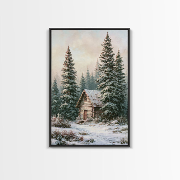 Log Cabin with Snowy Pines Framed Canvas Print, Rustic Art, Wall Art, Farmhouse Decor, Abstract Art, Rustic, Living Room Decor, RUS-2x3-47