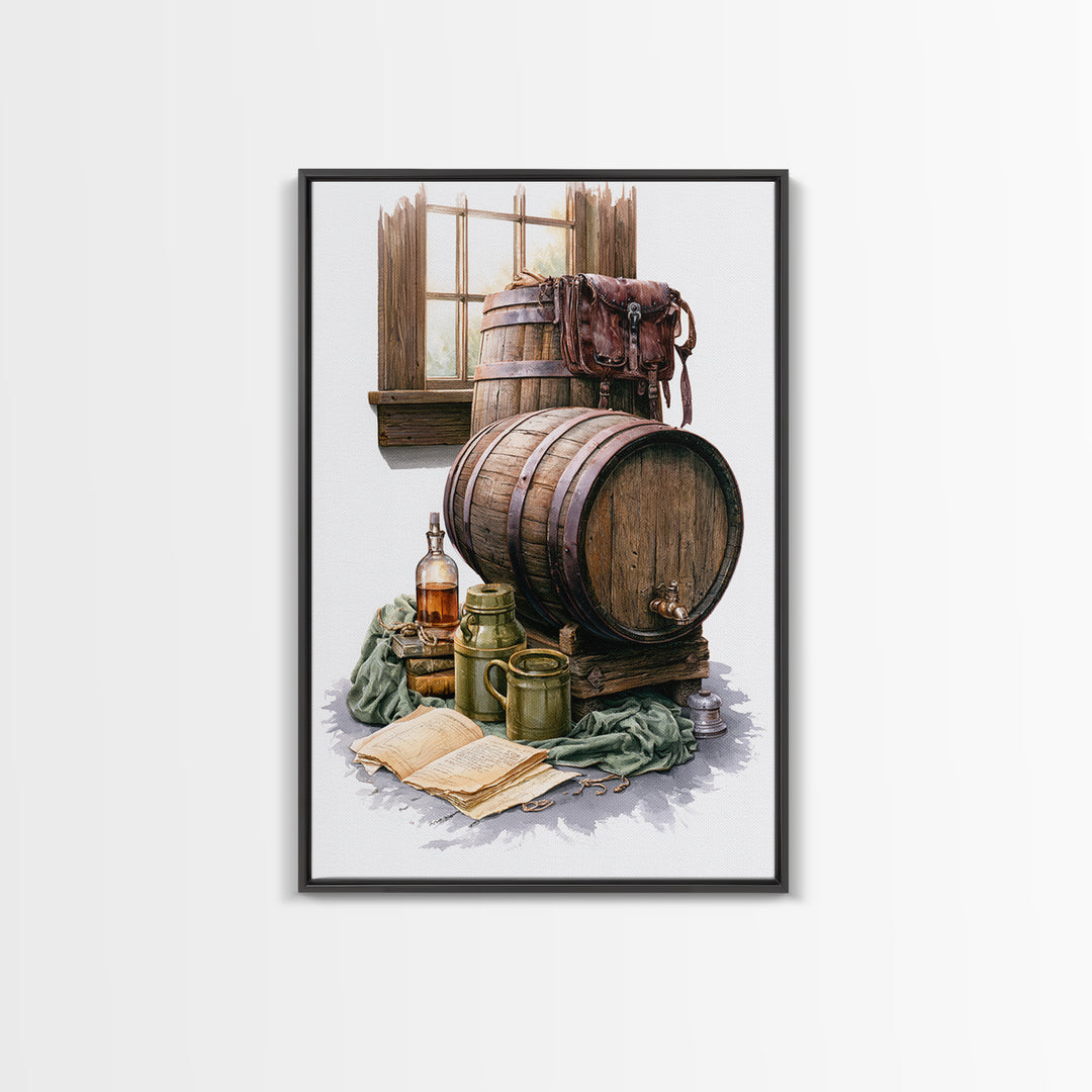 Whiskey Barrel and Leather Still Life Framed Canvas Print, Rustic Art, Room Decor, Farmhouse Decor, Oil Painting, Rustic, RUS-2x3-51